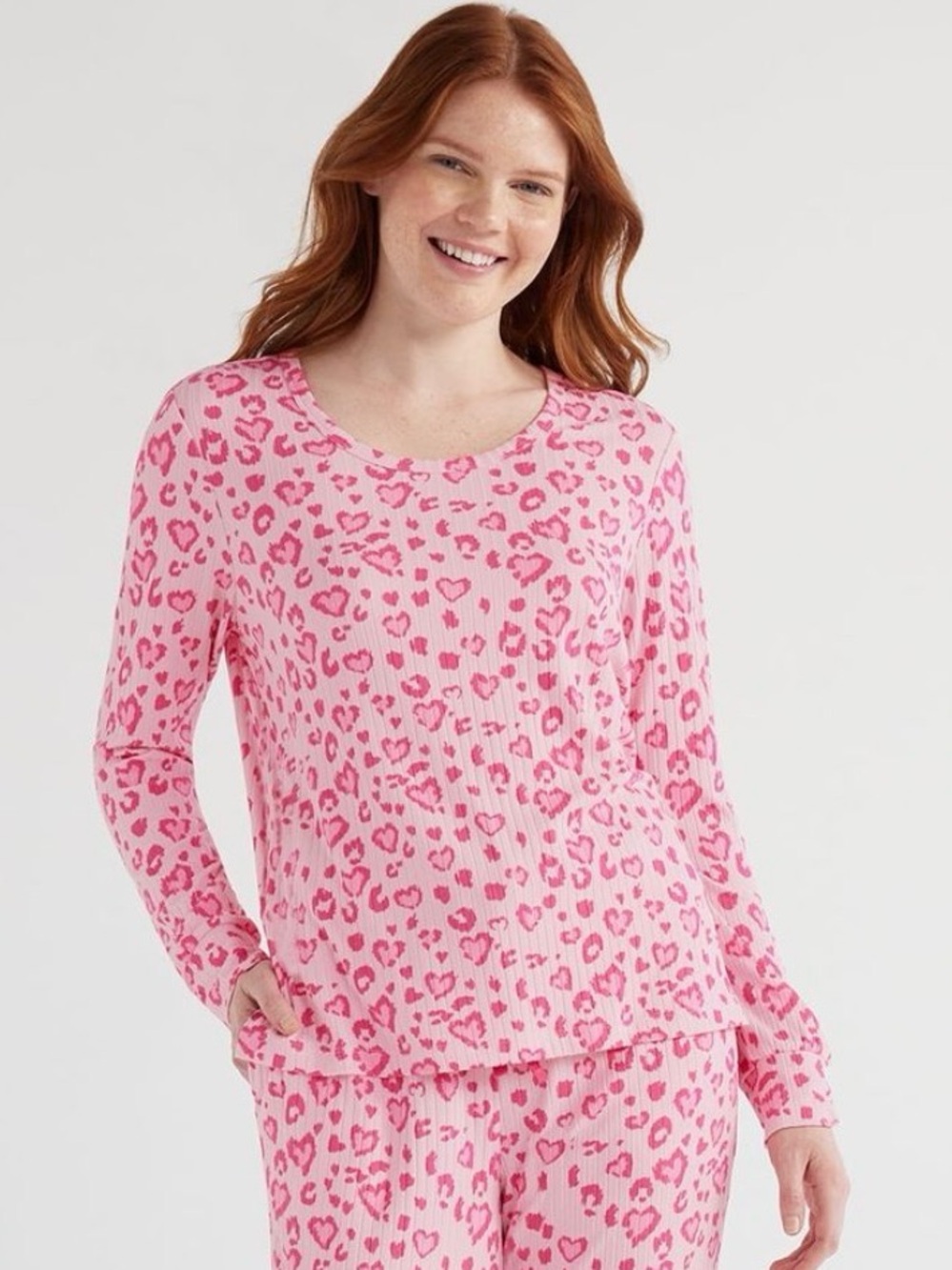 Joyspun Pink Leopard Heart Print Ribbed Long Sleeve Pajama Top
